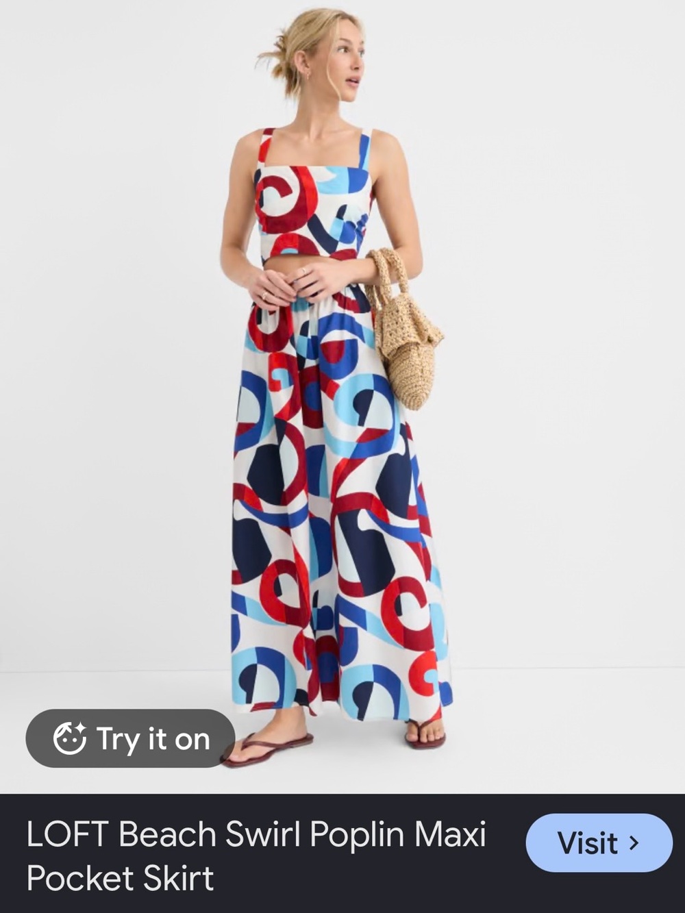 LOFT Wide-Leg Poplin Maxi skirt & Top in Red, Navy & Light Blue Swirl SZ XL